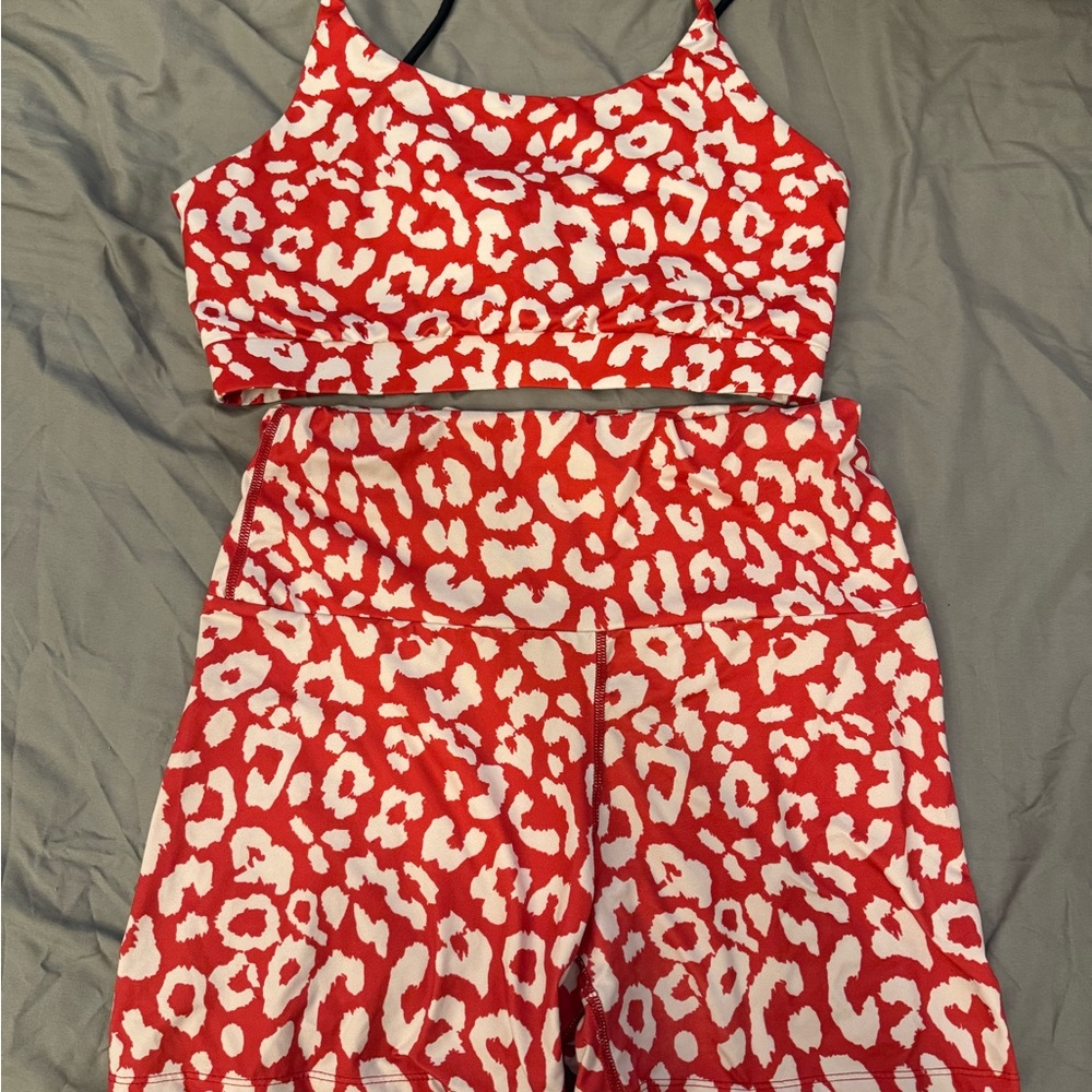 SHEIN Red and White Leopard Print Bike Shorts and Sports Bra